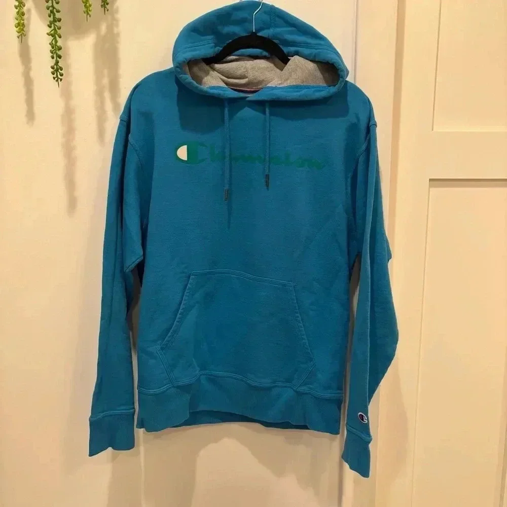 Champion Blue Hoodie with Green Logo Grey Lined Hood Size Medium